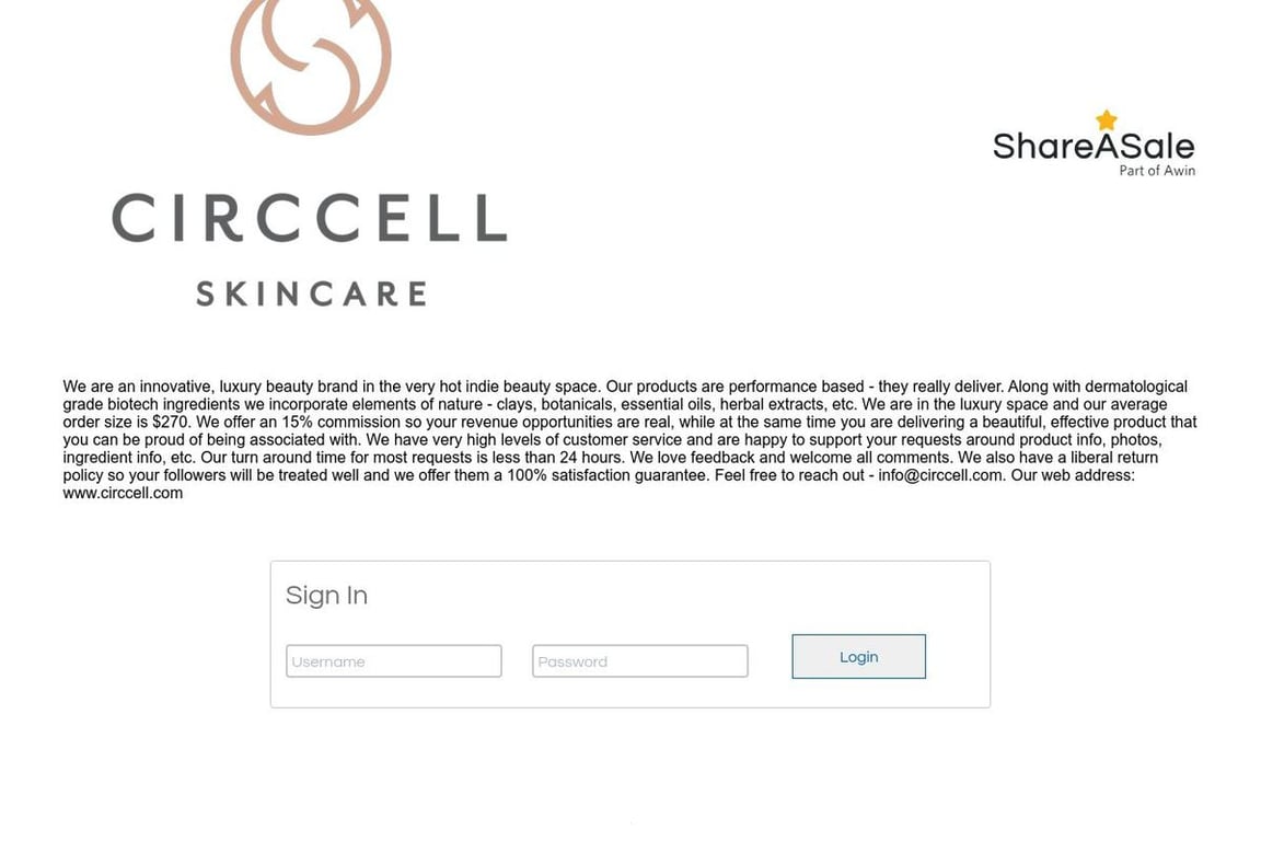 Circcel Skincare affiliate program signup page