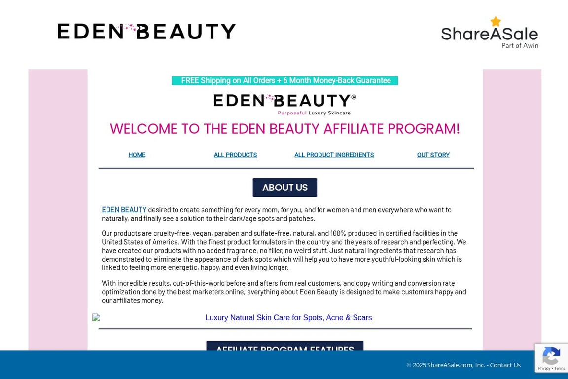 Eden Beauty Products affiliate program signup page