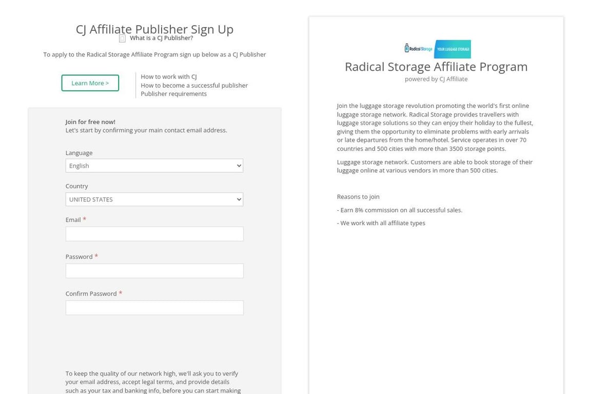 Radical Storage affiliate program signup page