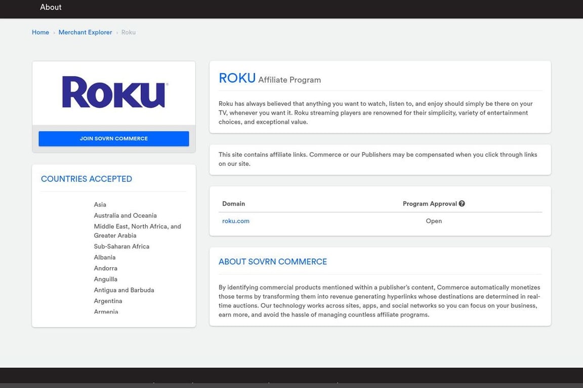 Roku affiliate program signup page