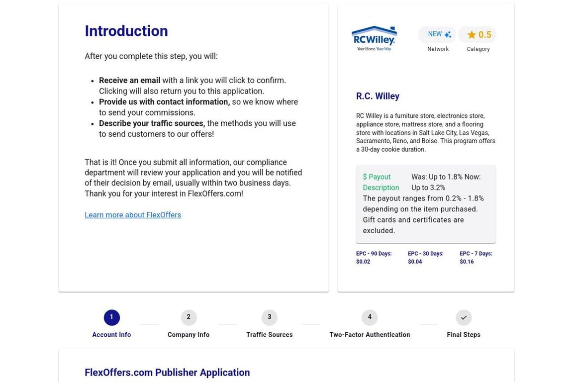 R.C. Willey affiliate program signup page