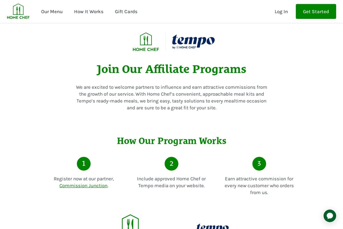 Home Chef affiliate program signup page