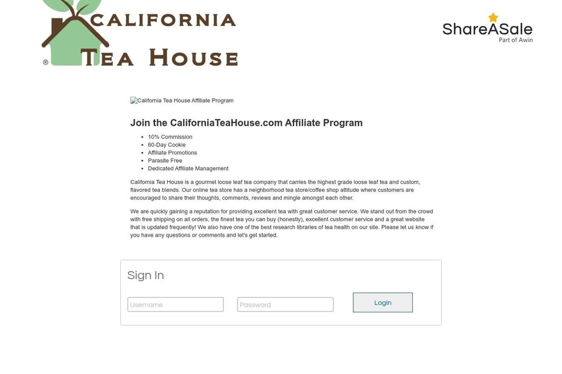 California Tea House affiliate program signup page