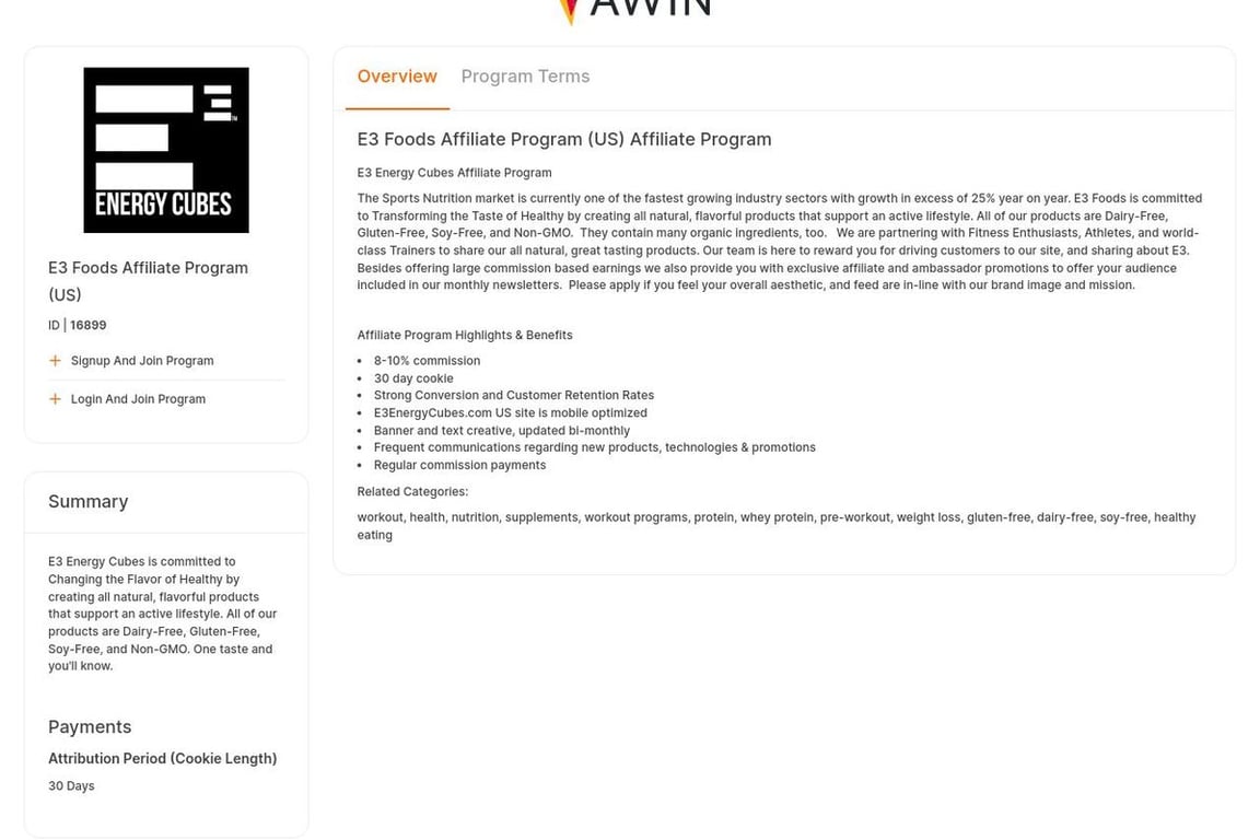 E3 Foods Affiliate Program affiliate program signup page