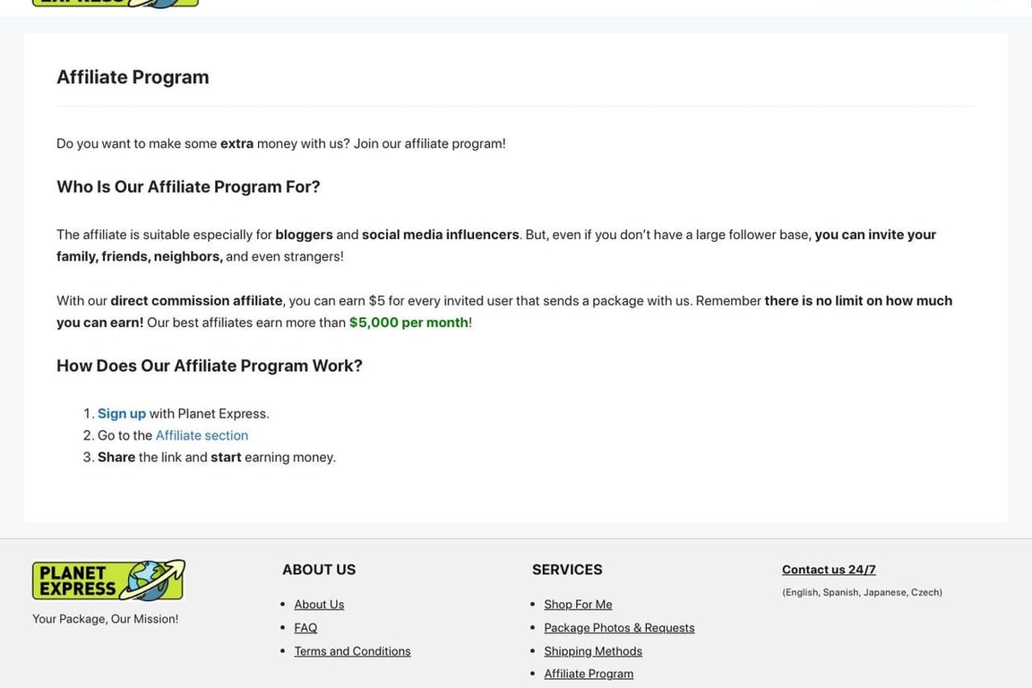 Plante Express affiliate program signup page