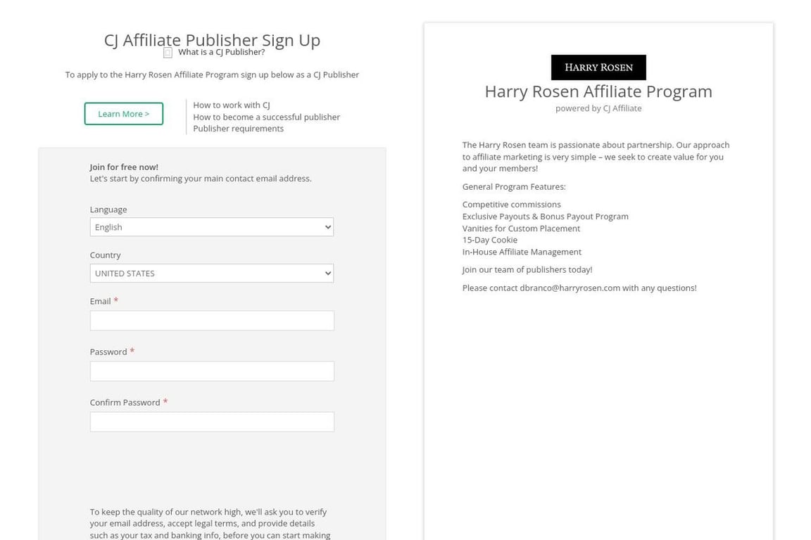 Harry Rosen affiliate program signup page