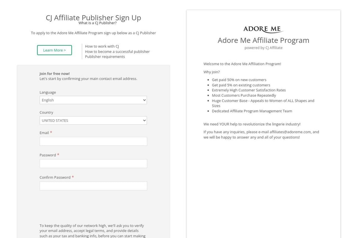 Adore Me affiliate program signup page