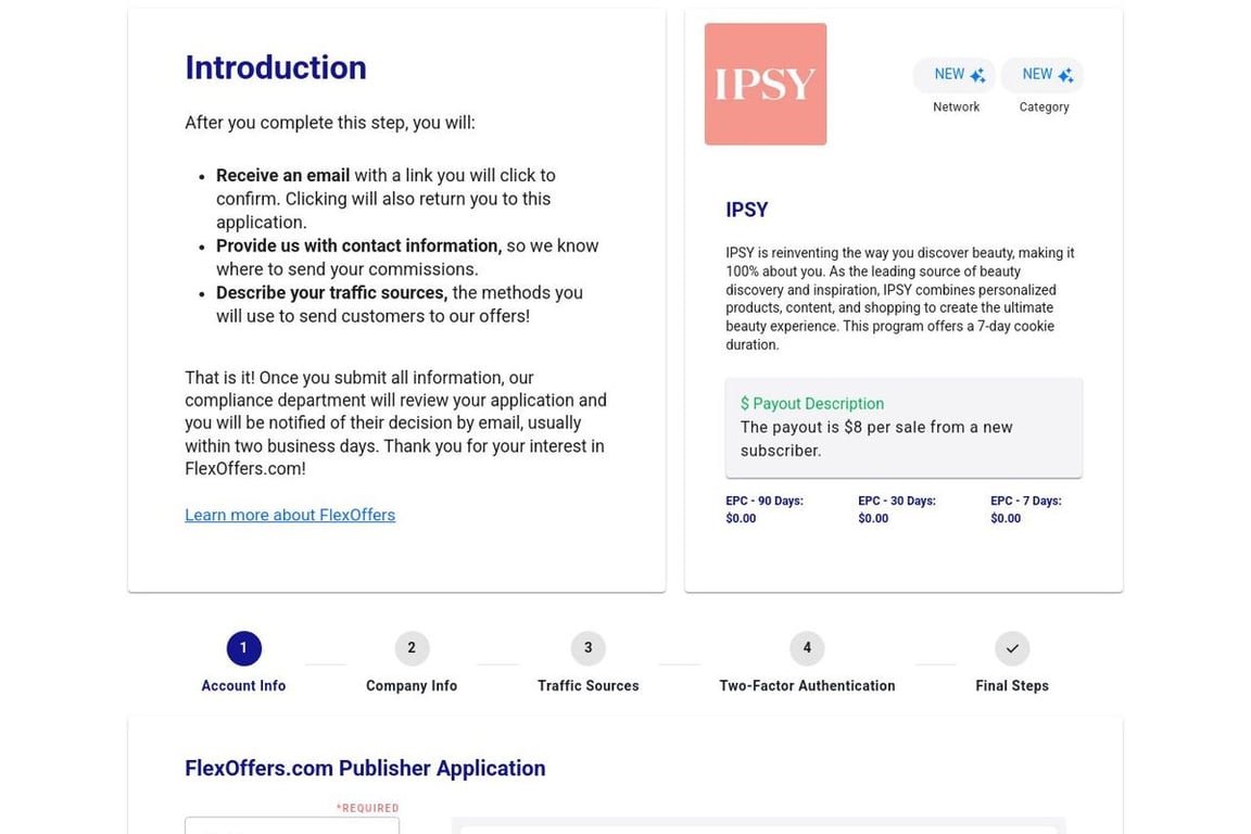 IPSY affiliate program signup page