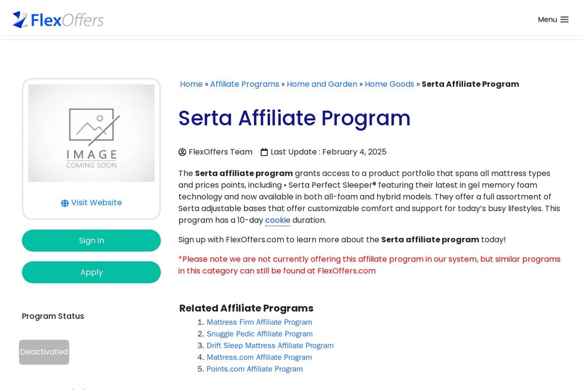 Serta affiliate program signup page