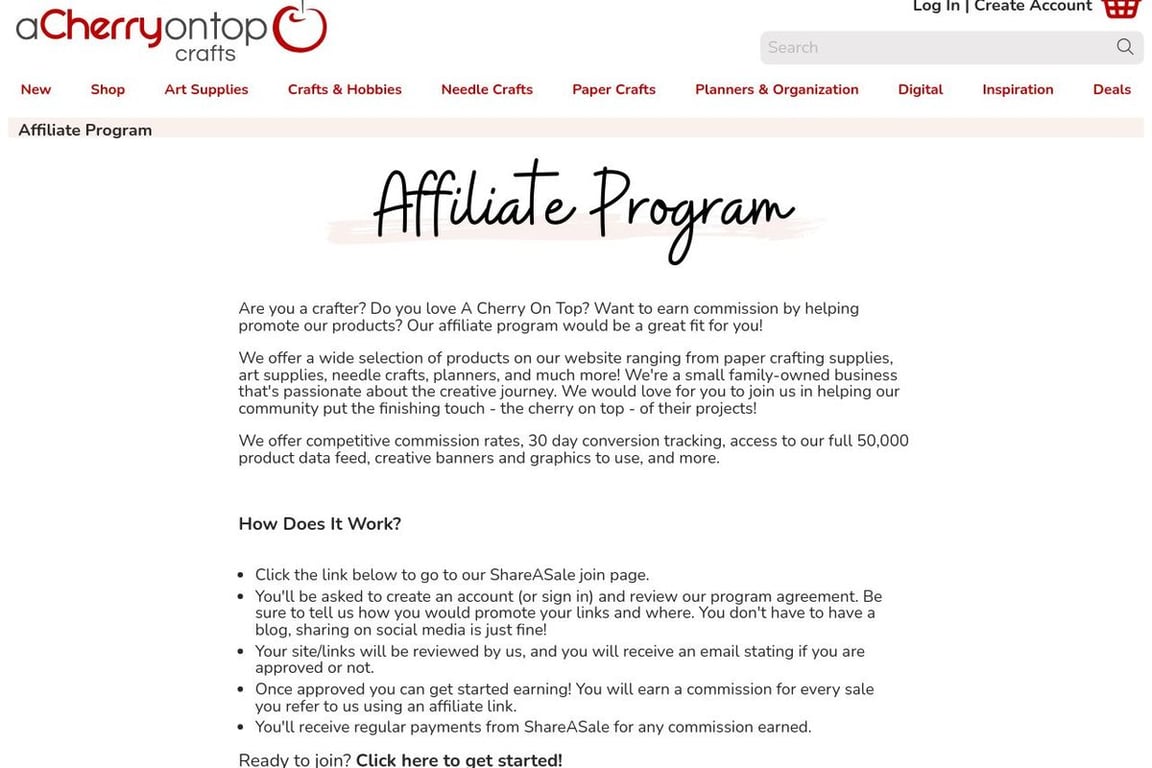 A Cherry On Top affiliate program signup page
