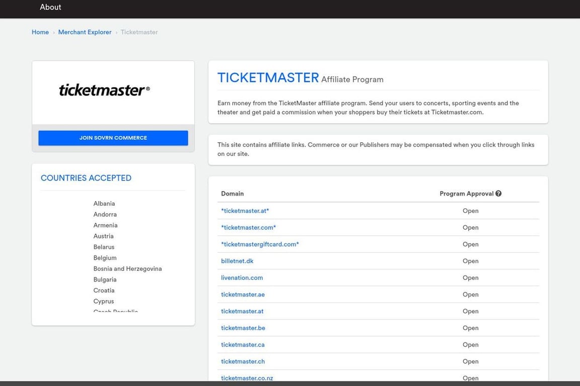 Ticketmaster affiliate program signup page