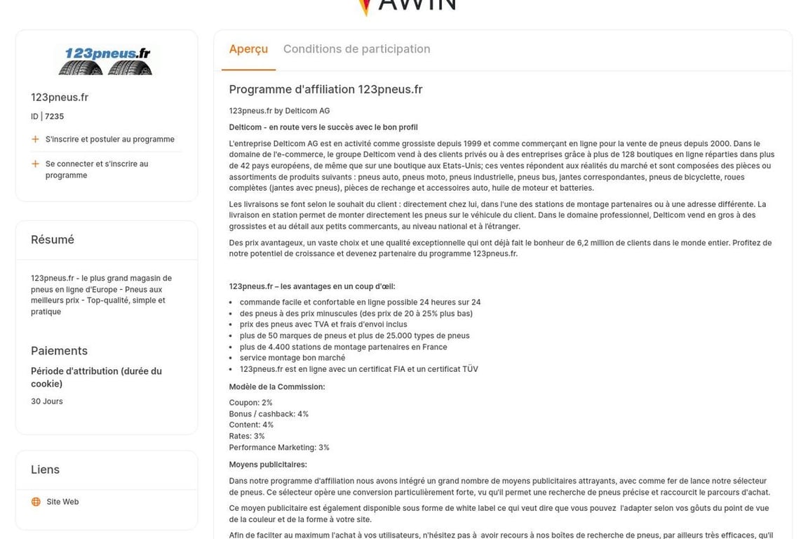 123pneus.fr affiliate program signup page