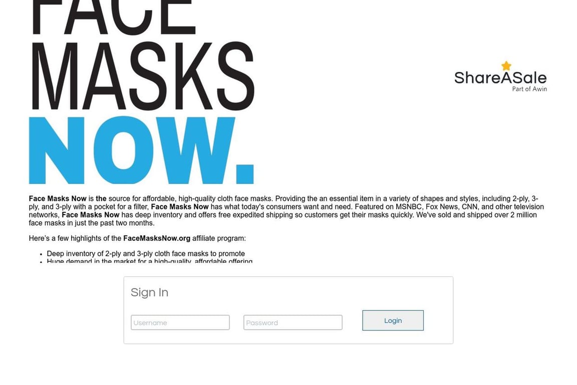 Face Masks Now affiliate program signup page