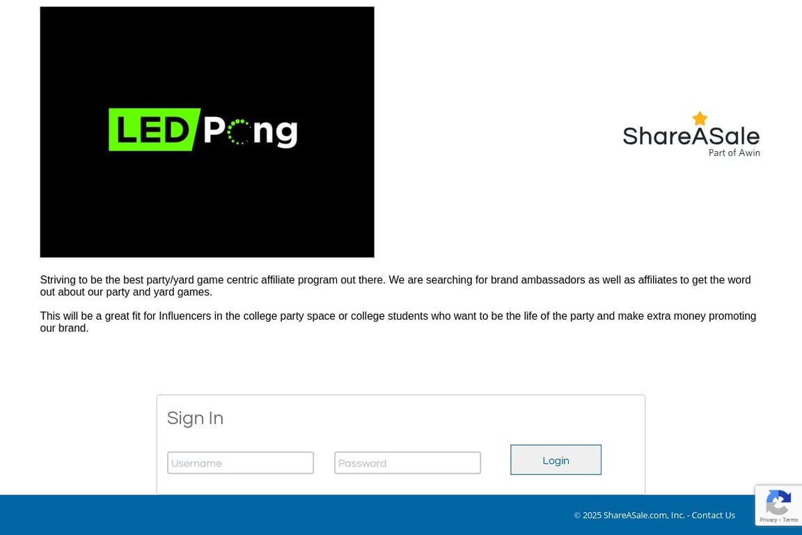 LED PONG affiliate program signup page