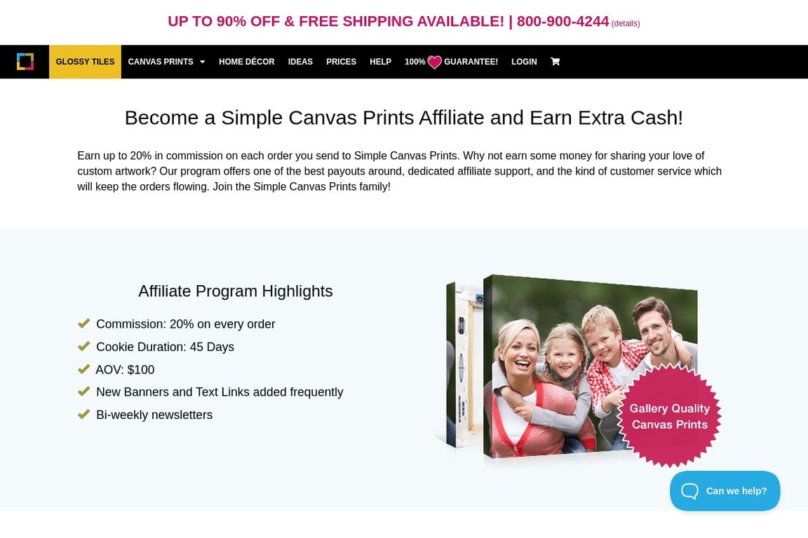 Simple Canvas Prints affiliate program signup page