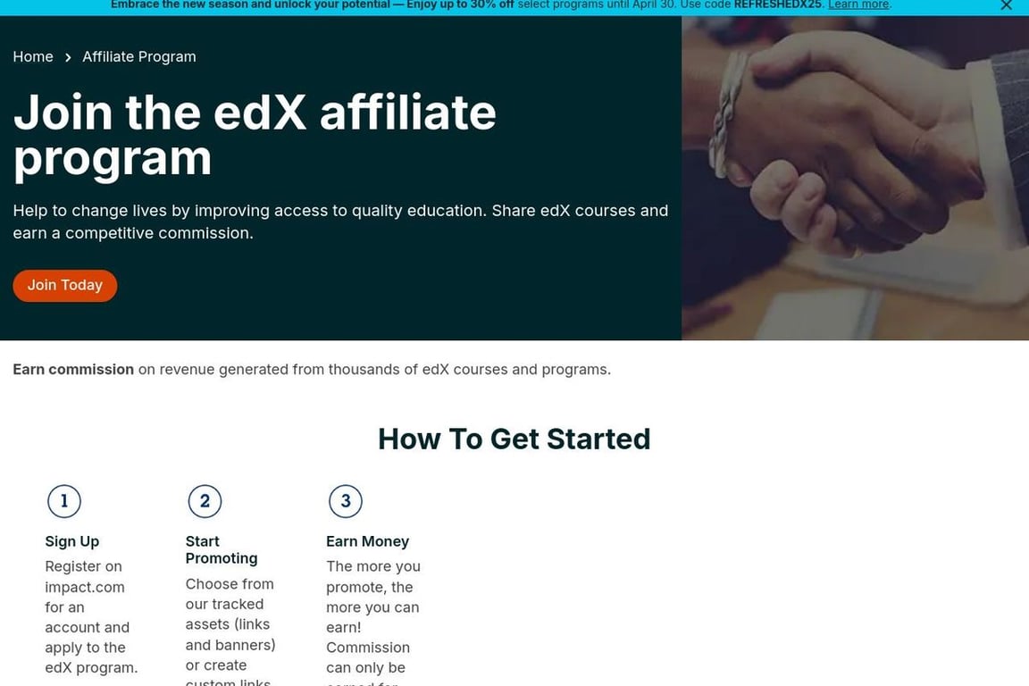 EdX affiliate program signup page