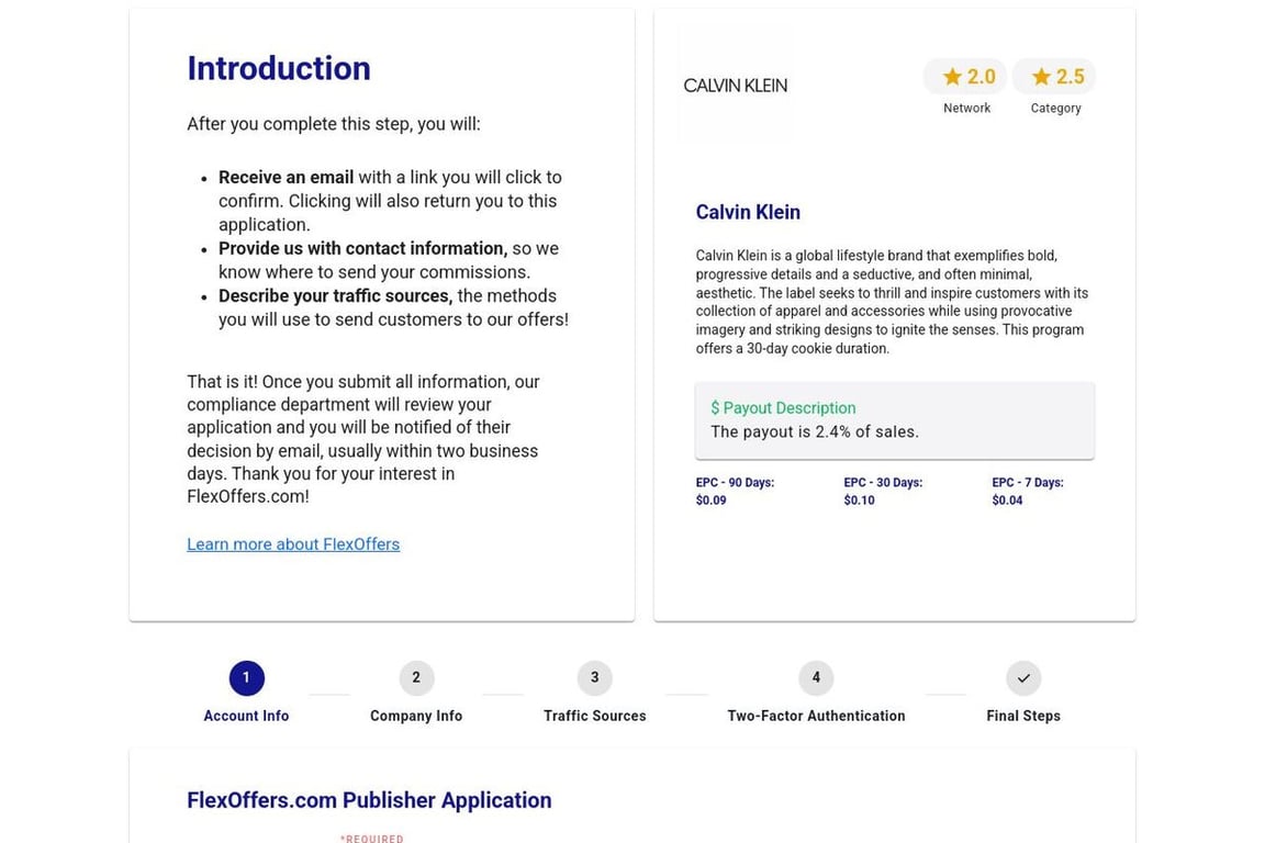 Calvin Klein affiliate program signup page