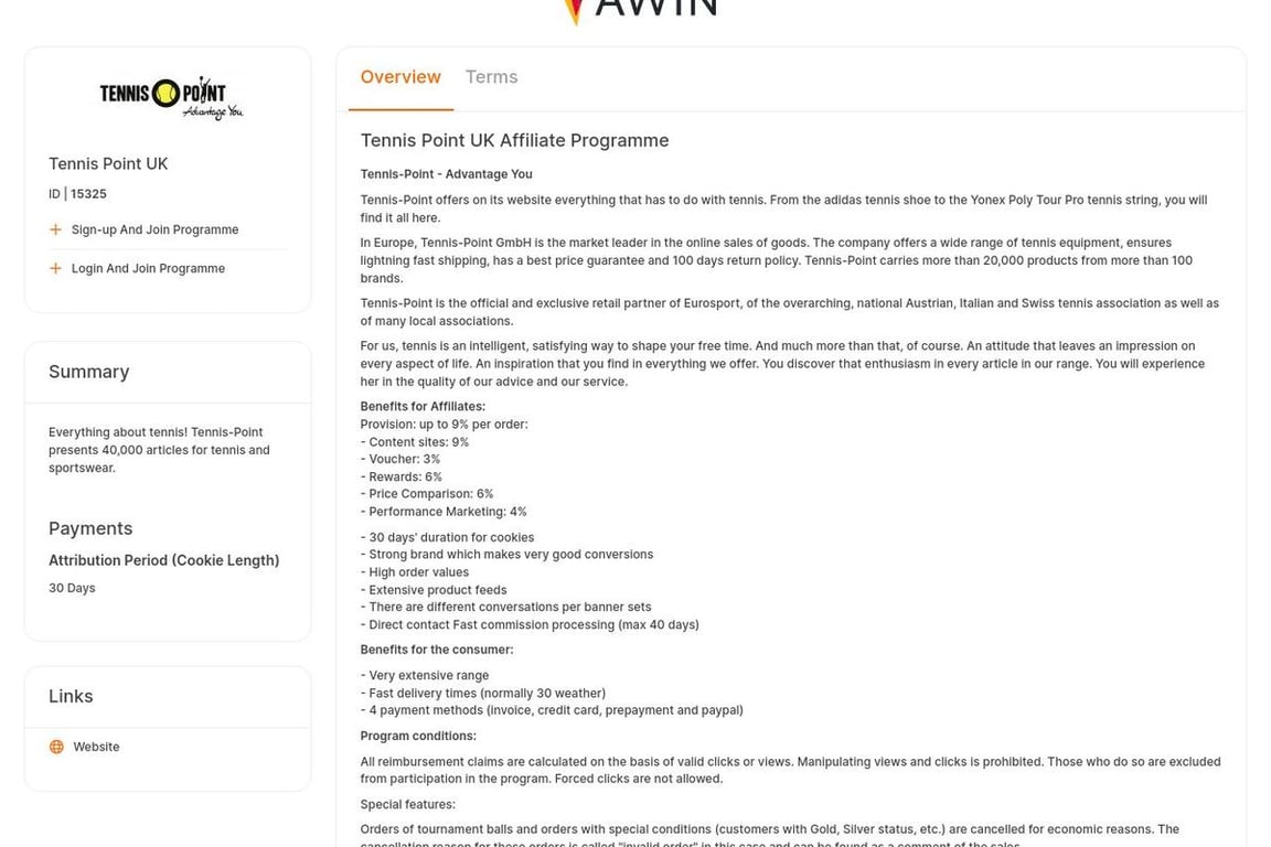 Tennis Point UK affiliate program signup page
