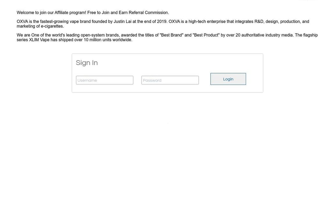 OXVA affiliate program signup page