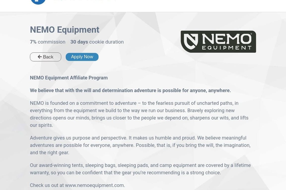 NEMO Equipment affiliate program signup page