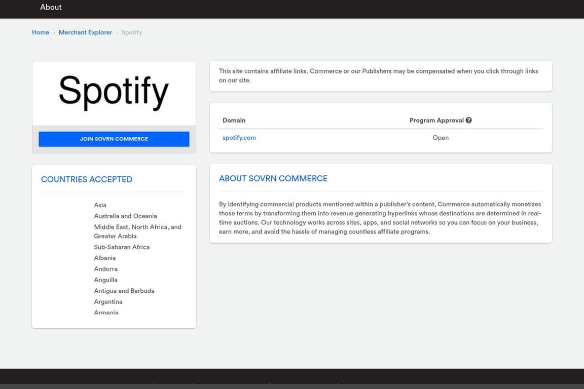 Spotify affiliate program signup page