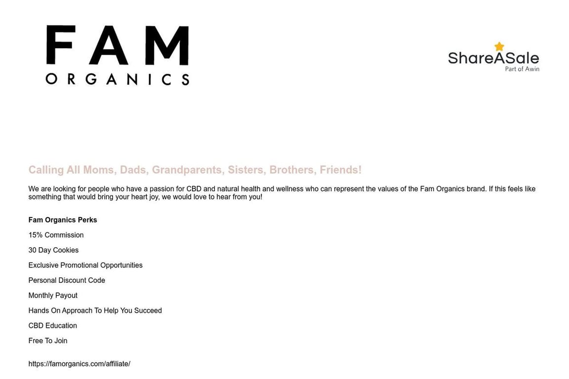 Fam Organics affiliate program signup page