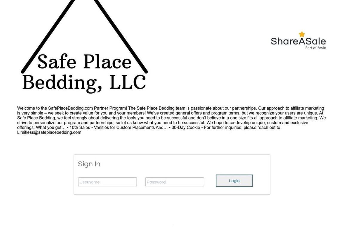 Safe Place Bedding affiliate program signup page