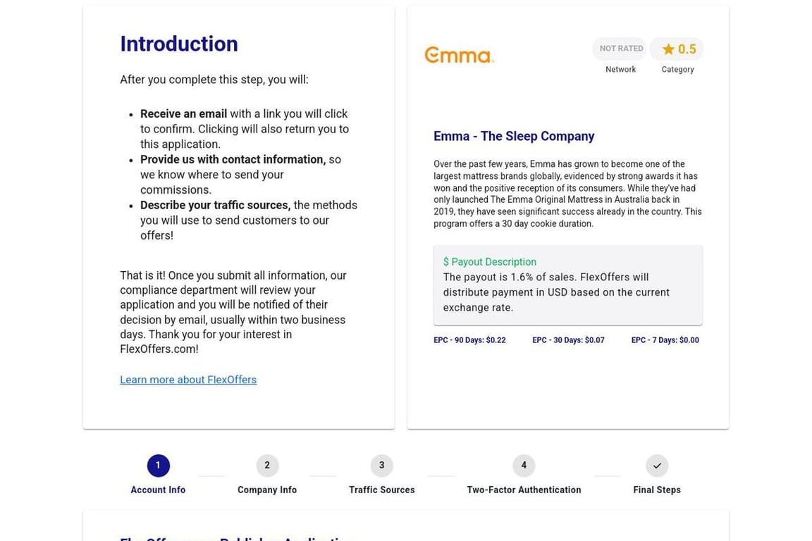 Emma Sleep affiliate program signup page