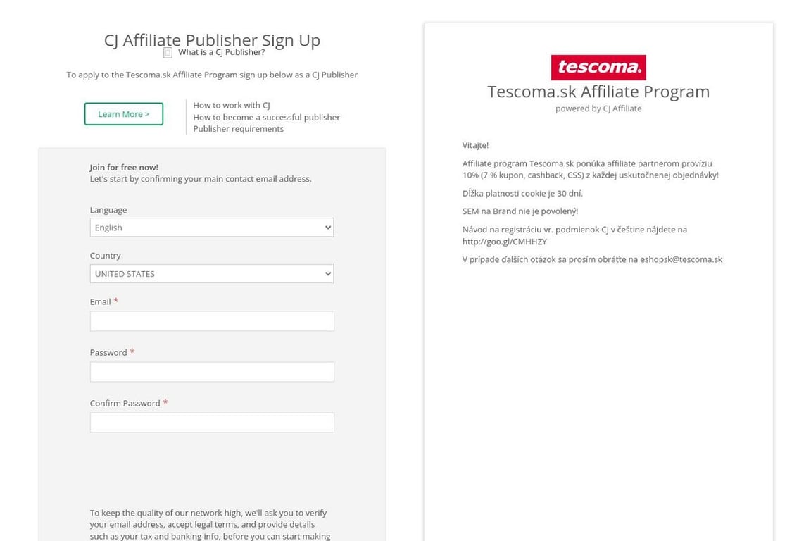 Tescoma.sk affiliate program signup page