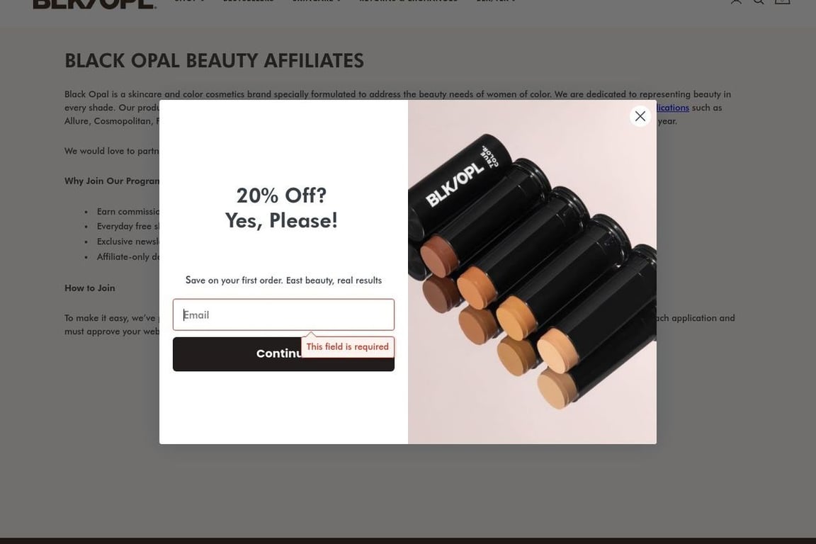Black Opal affiliate program signup page