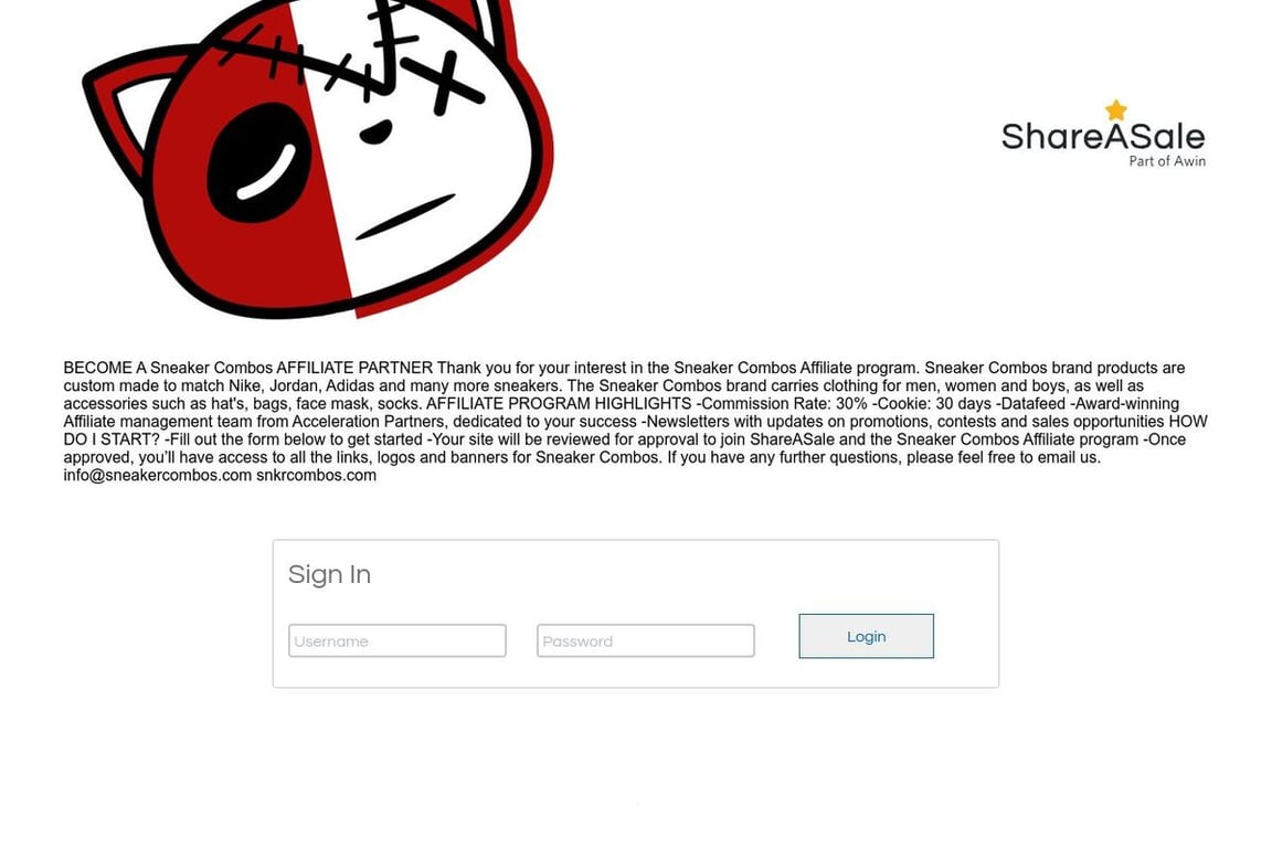Sneaker Combos affiliate program signup page