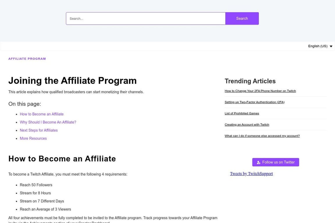 Twitch affiliate program signup page