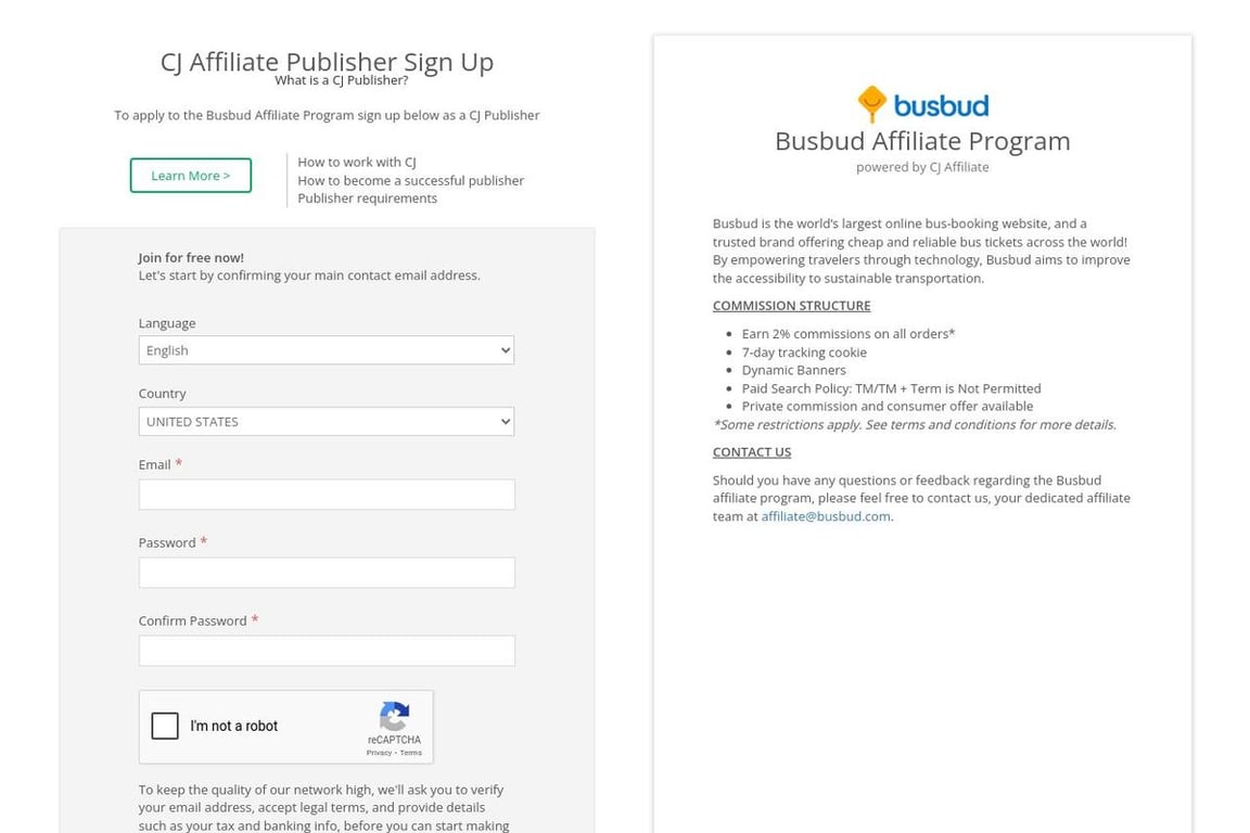 Busbud affiliate program signup page