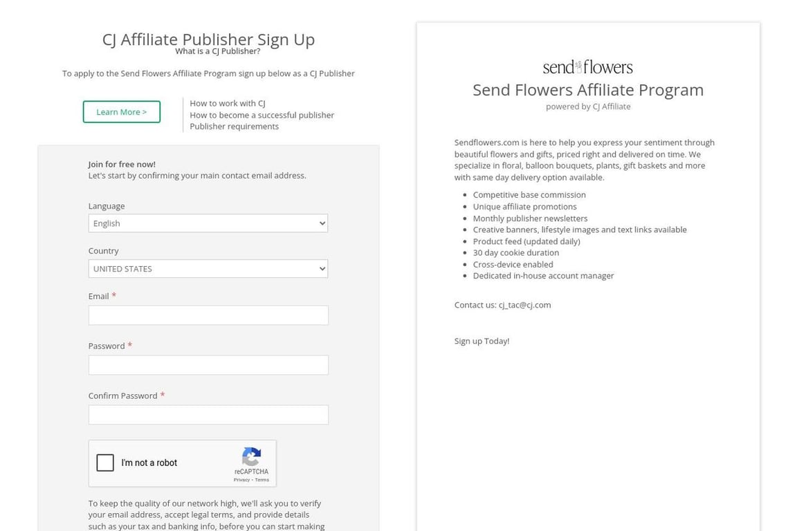 Send Flowers Preferred affiliate program signup page