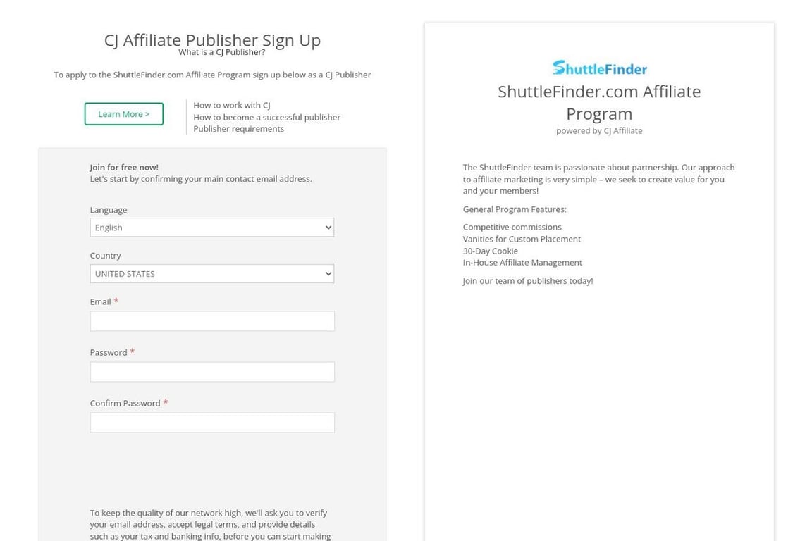 ShuttleFinder.com affiliate program signup page
