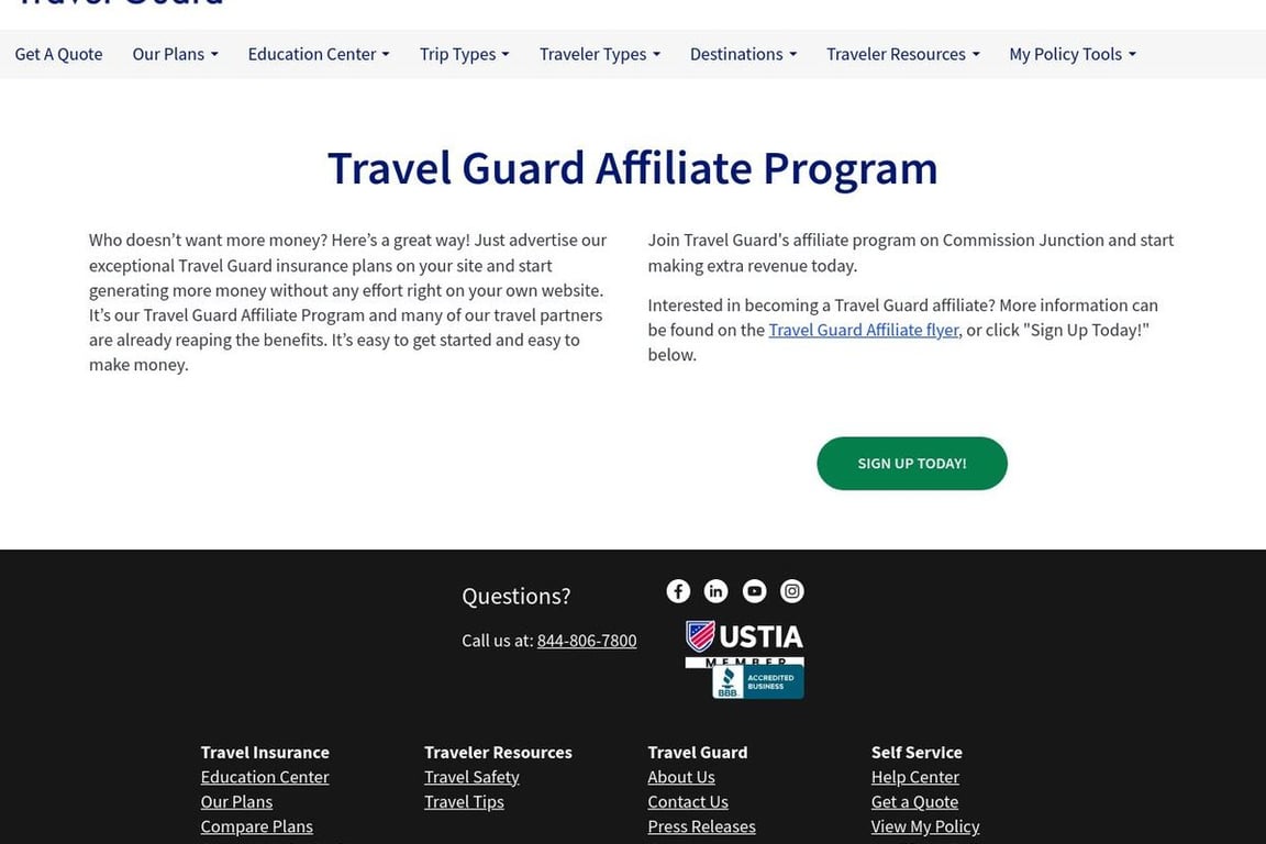 Travel Guard affiliate program signup page