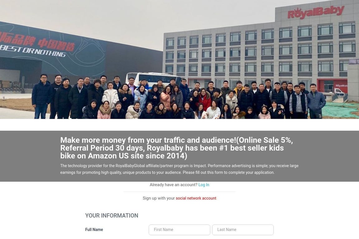 RoyalBaby affiliate program signup page