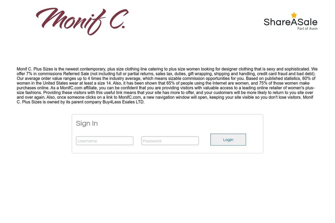 Monif C. Plus Sizes affiliate program signup page