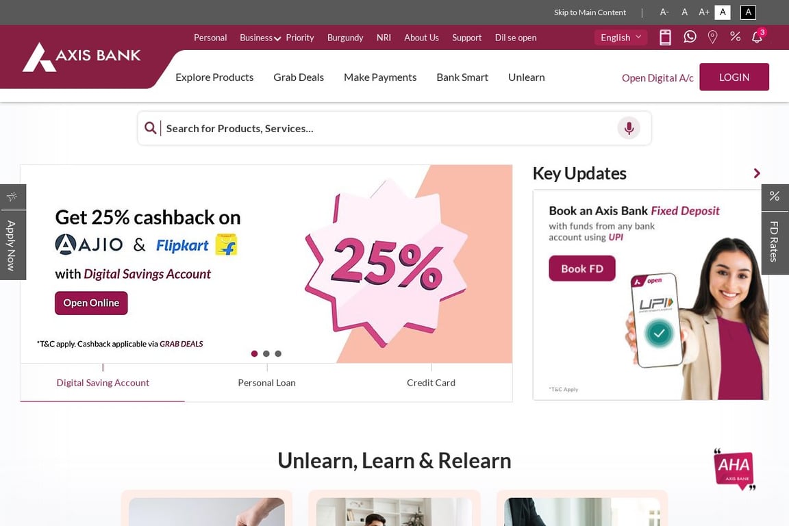 Axis Bank homepage