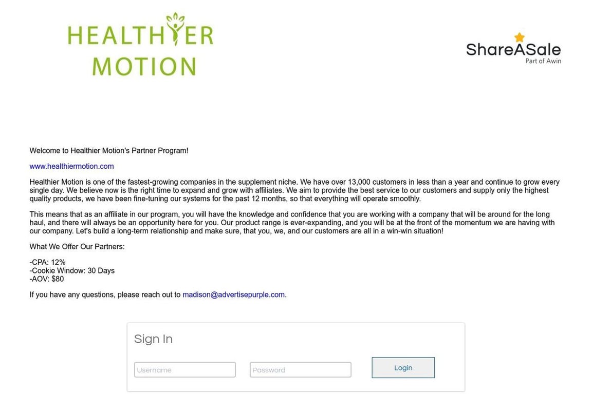 Healthier Motion affiliate program signup page