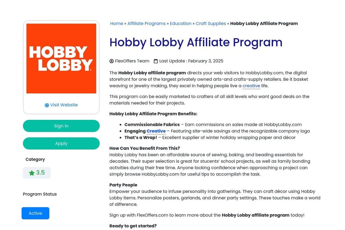 Hobby Lobby affiliate program signup page