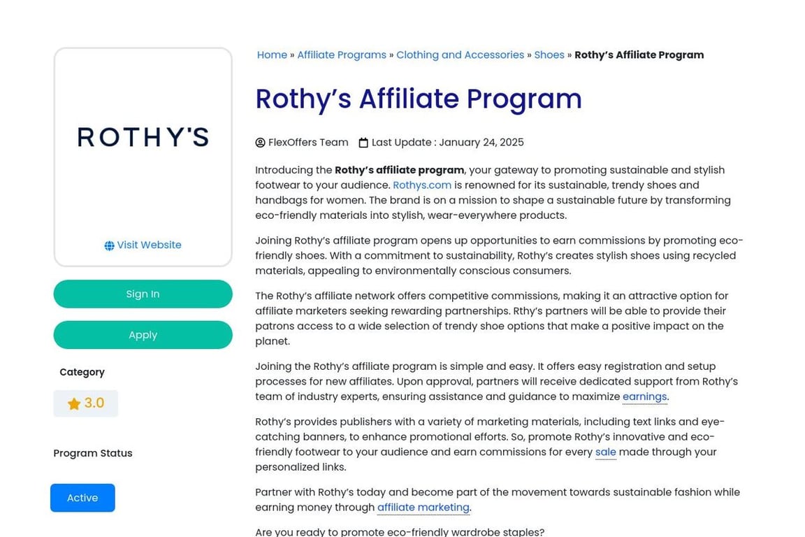 Rothy’s affiliate program signup page