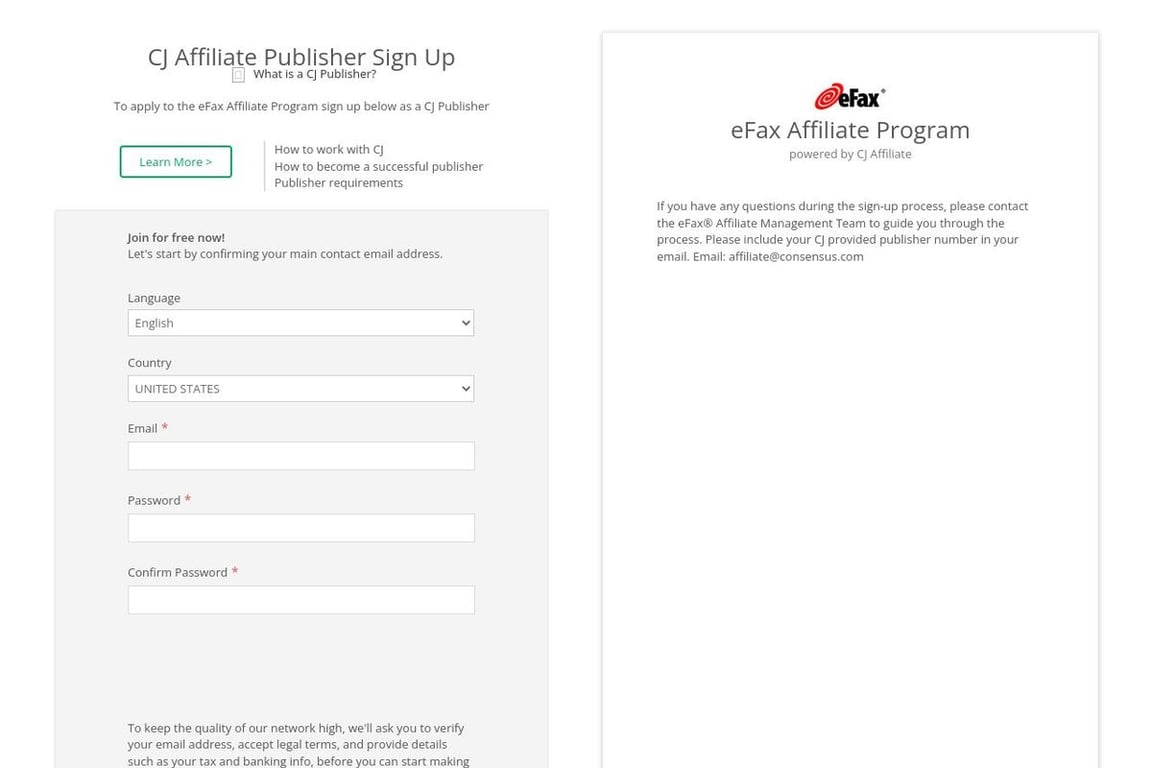 EFax affiliate program signup page