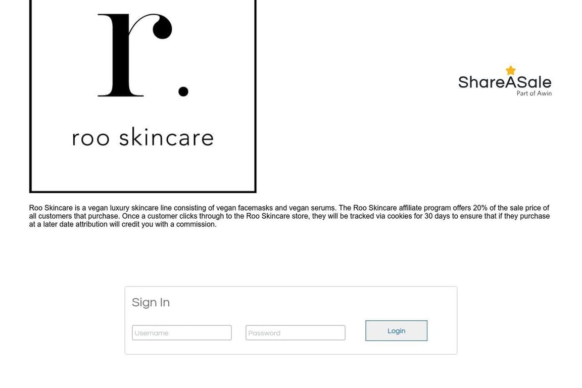 Roo Skincare affiliate program signup page