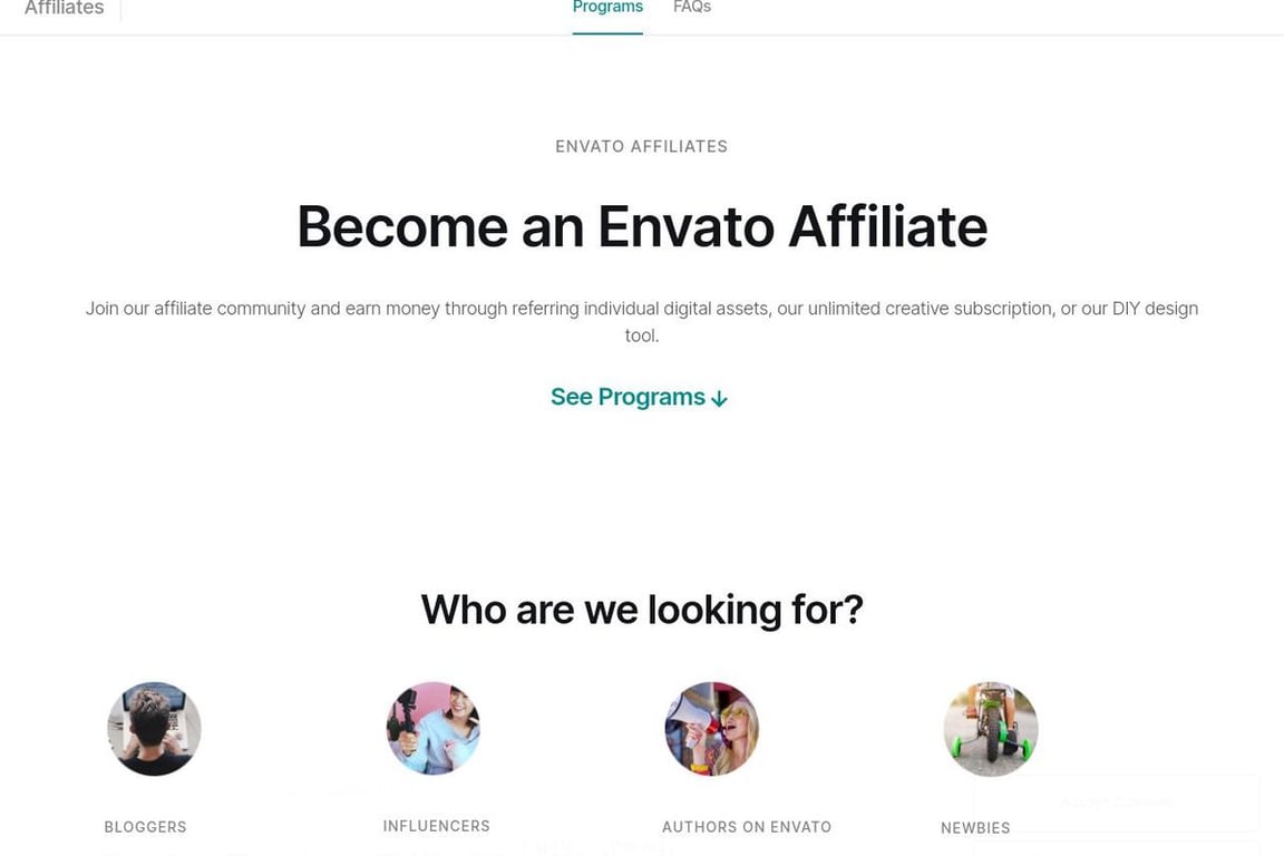 Envato Market affiliate program signup page