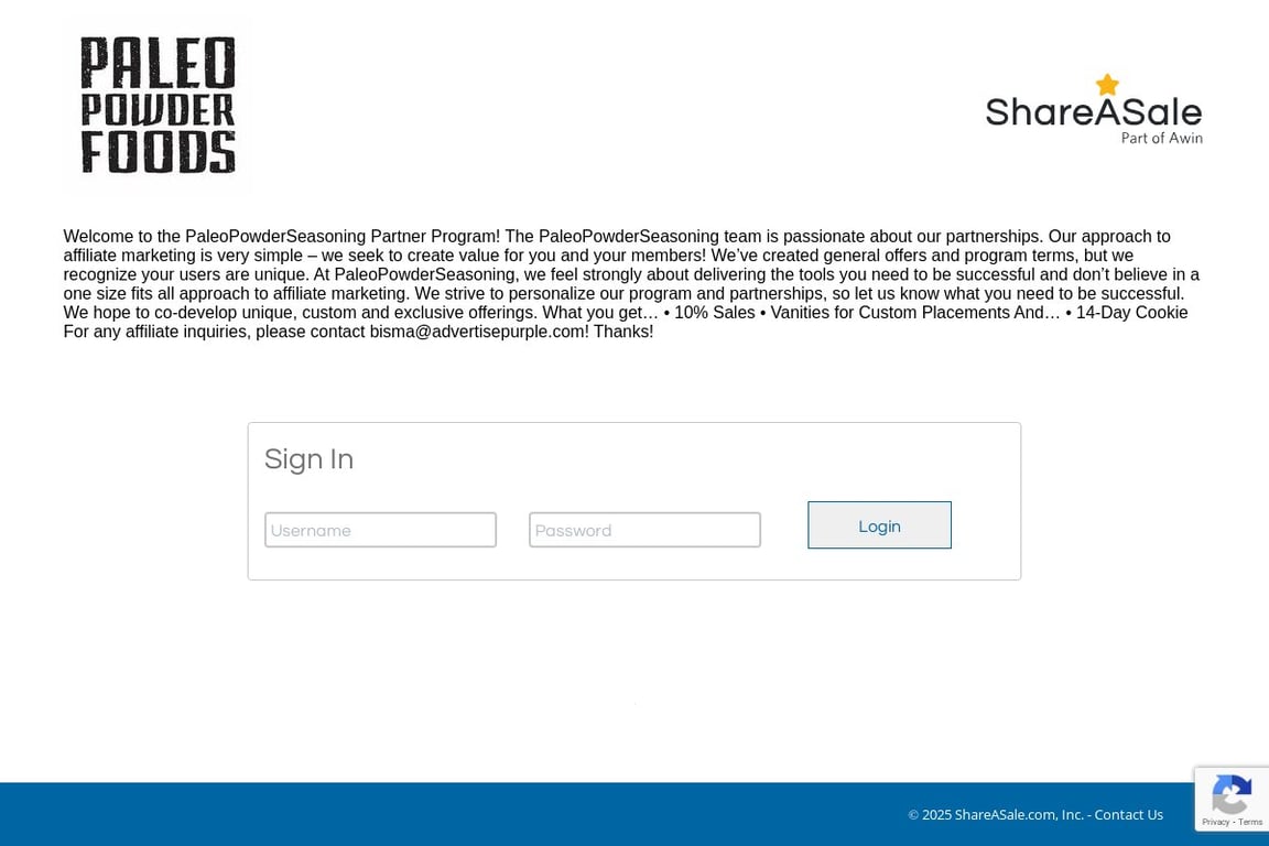 Paleo Powder Foods affiliate program signup page