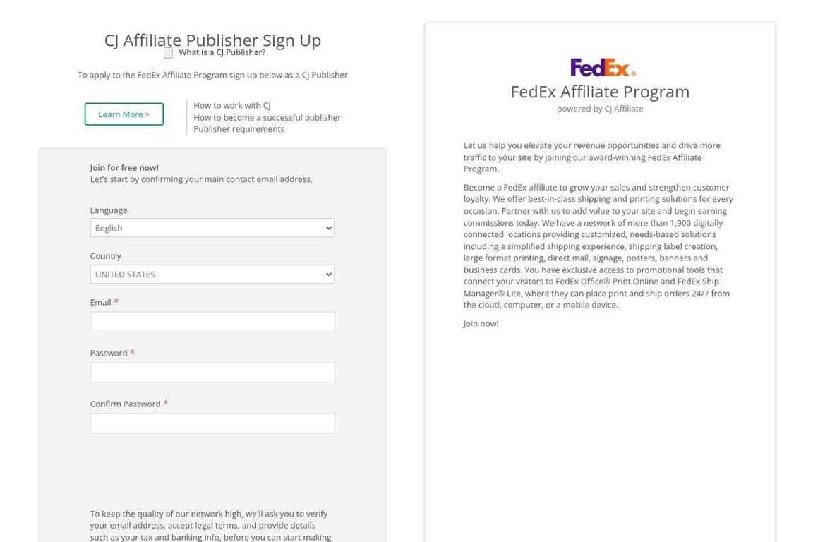 FedEx affiliate program signup page
