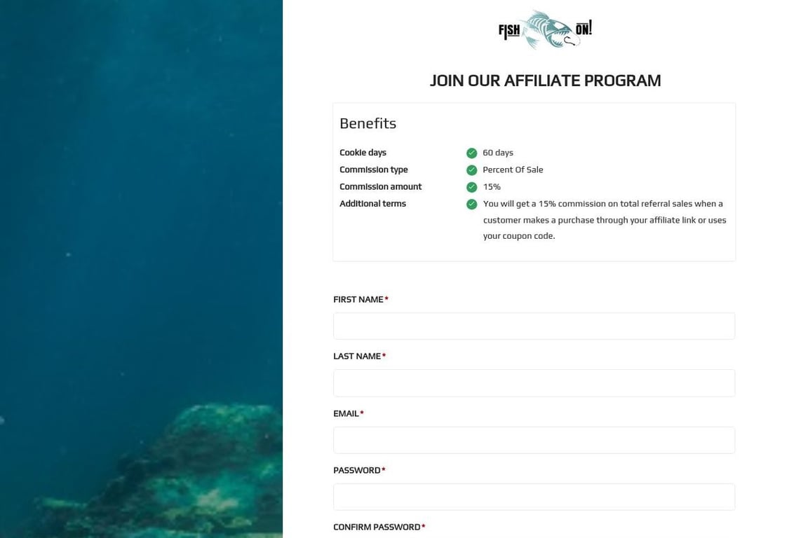 Fish On! affiliate program signup page