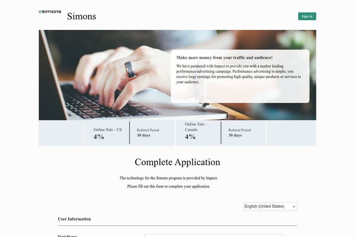 Simons US affiliate program signup page