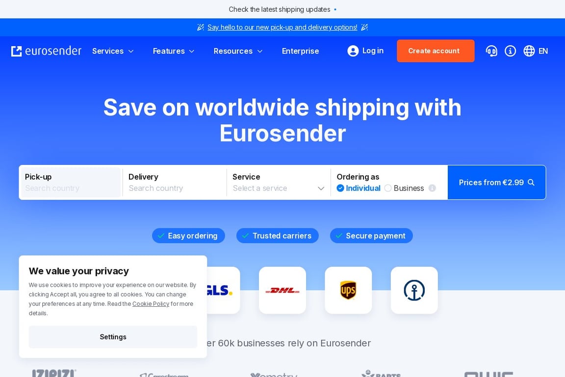 Eurosender homepage